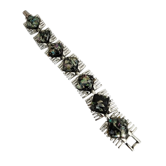 Vintage Faux Opal Bracelet Silver Classic Black Acrylic Opals  A0223 - Picture 6 of 16